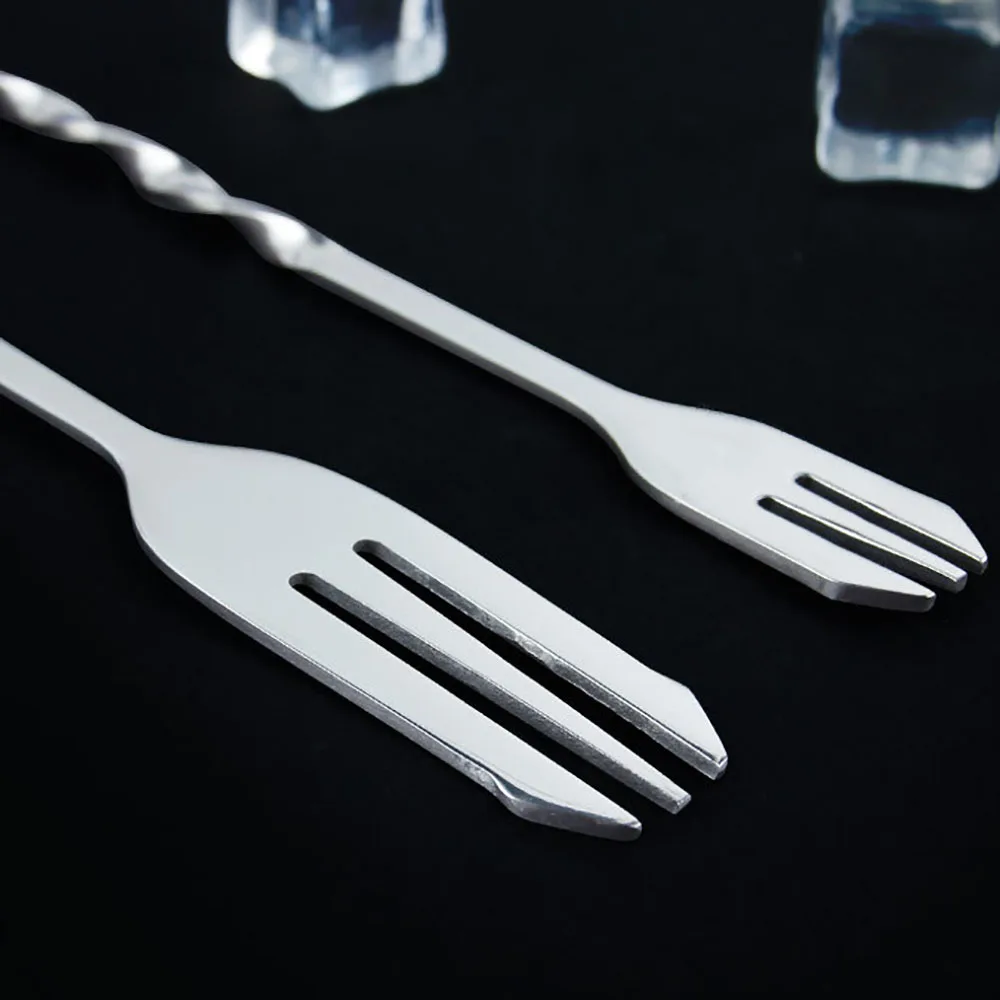 cocktail muddler cocktail spoon Stainless Steel Mixing Stirrin Spoon Fork Cocktail Bar Spiral Pattern Drink Shaker Muddler Stirrer Twisted Fork Spoon Two in One