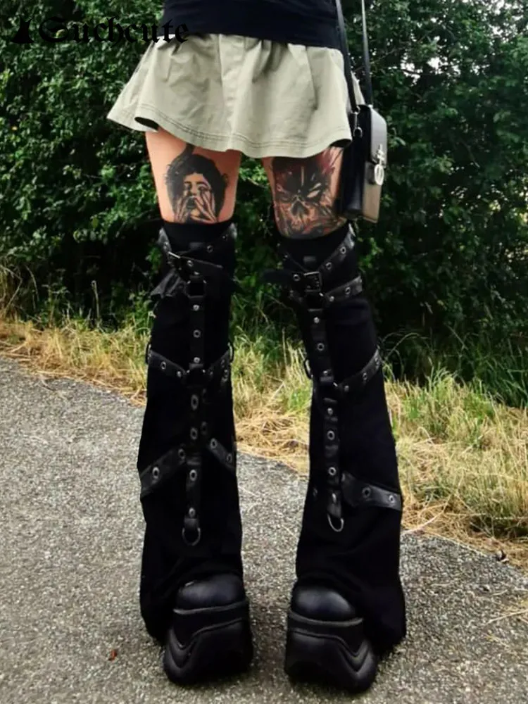 SUCHCUTE Gothic Eyelet Strap Women Trouser Legs Vintage Dark Academic Slim Bandage Leg Socks Black Knitted Boot Cuffs Leg Punk fashion men women punk chain belt adjustable black double single star eyelet grommet metal buckle leather waistband for jeans