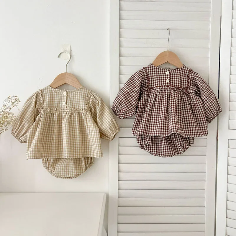 Korean Baby Girl Plaid Blouse Bloomer Suit