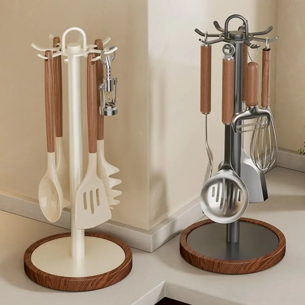 8 Hooks Rotating Spatula Rack Movable Space Saving Cooking Utensils Holder Stable Base Anti Slip Spoon Hanging Rack Countertop