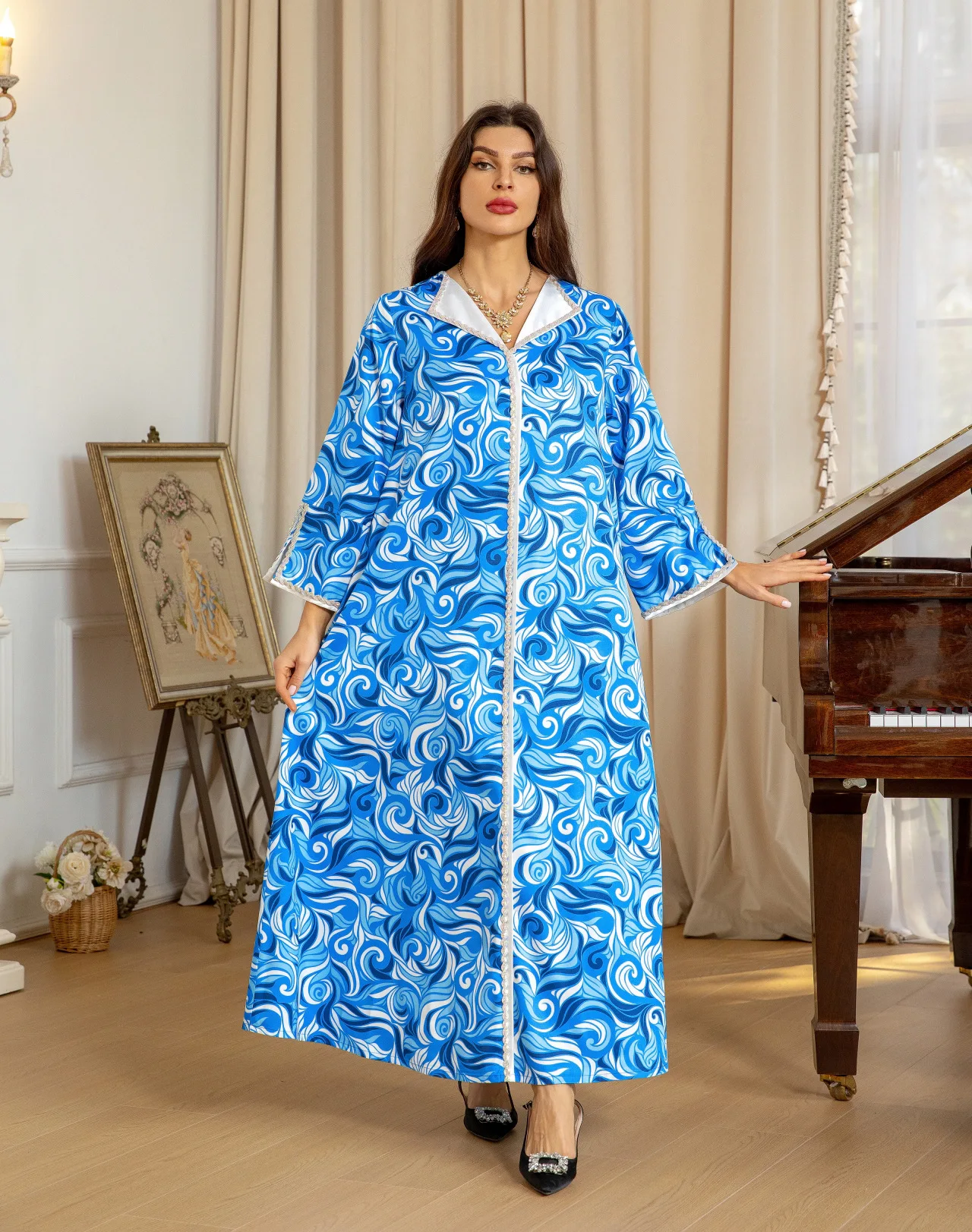 S4318461cee9f4d4d90e967a72346c5dcY Ramadan Khimar Abaya Saudi Arabia Turkey Islam Muslim Blue and white blue hot diamond dress Kebaya Robe Femme Musulmane Mallzona