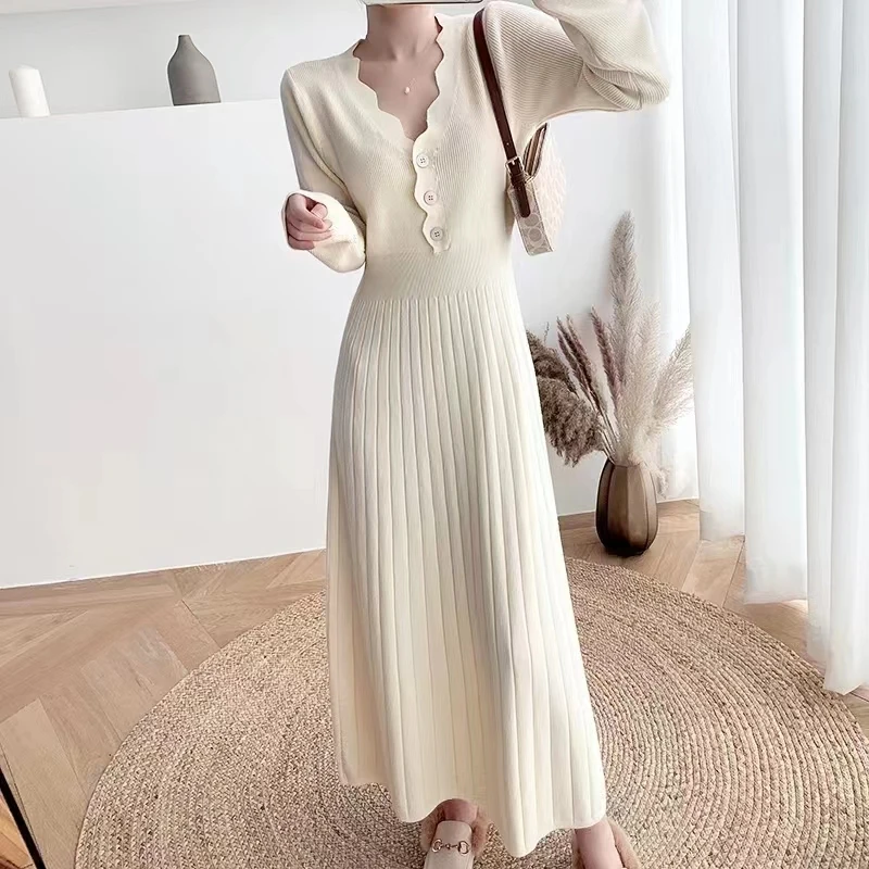 

Vintage Elegant V-neck Knitted Dress 2023 Fall and Winter New Long Section Tight Waist Thin Simple Sweater Women's Dresses Korea