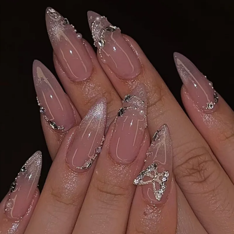24pcs French Fake Nails Finished Almond Nails Sets Golden Bow Design False Nail Art Simple Datachable Press on Tips