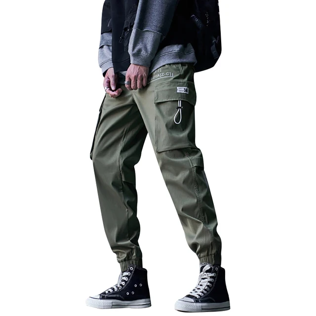 New Black Cargo Pants Hip Hop Joggers Men Loose Harem Pants Multi-pocket Ribbon Trousers Casual Streetwear Sport Pants for Men Army Green