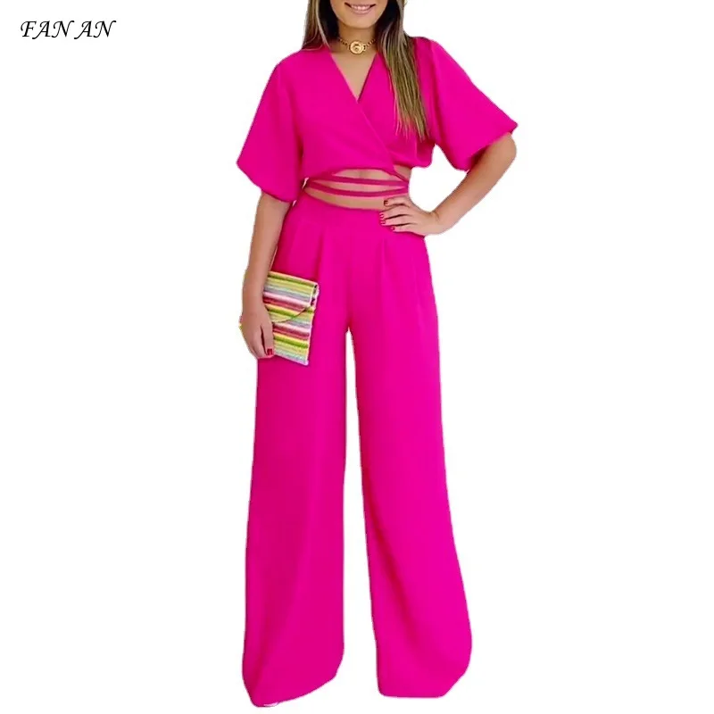 Women's Temperament Pants Set 2024 Spring Solid Color V-neck Short Sleeved Top High Waisted Wide Leg Pants Fashion Vacation Set