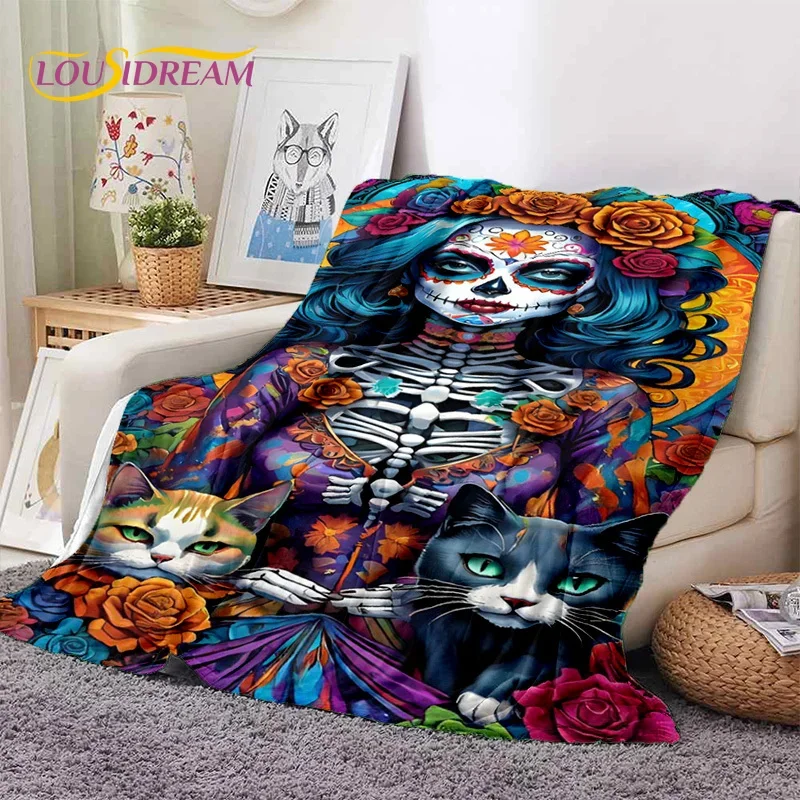 Skull Dead Girl 3D Gothic Horror Female Rose Soft Flannel Blanket Throw Blanket Comfortable Blanket for Picnic Beds Home Bedroom