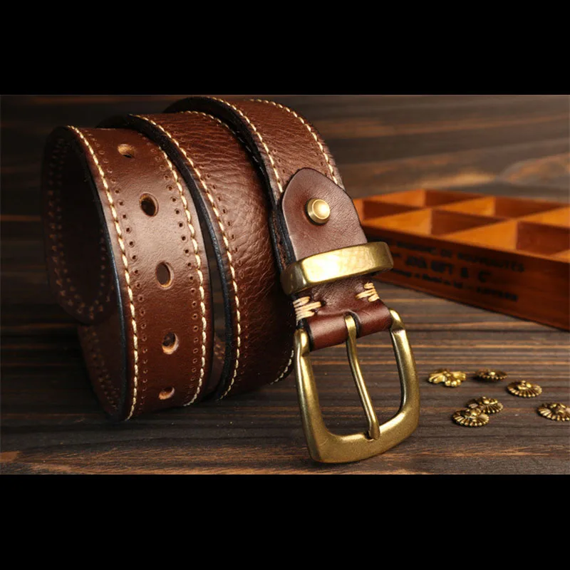 

Top Grain Cowhide Belt for Men 3.5CM American Style Work Jeans Belt with Sewing Stitching