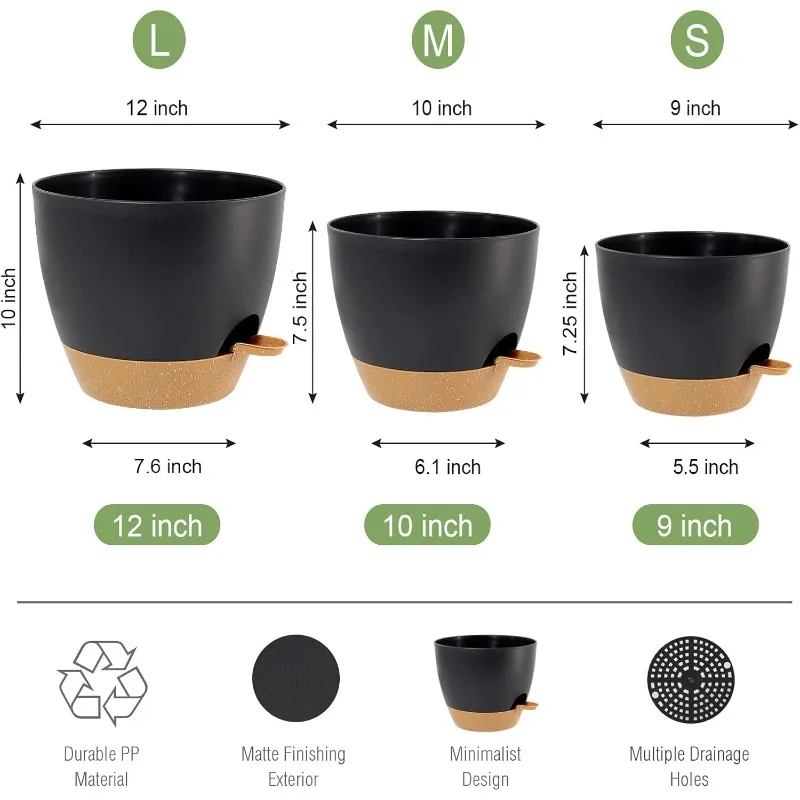 Large Self Watering Pots, 12/10/9 Plastic Planters with High Drainage Holes and Deep Reservoir 2