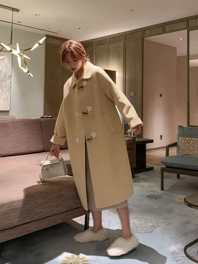 

2022 autumn and winter new sweet horn buckle wool coat women's loose slim coat