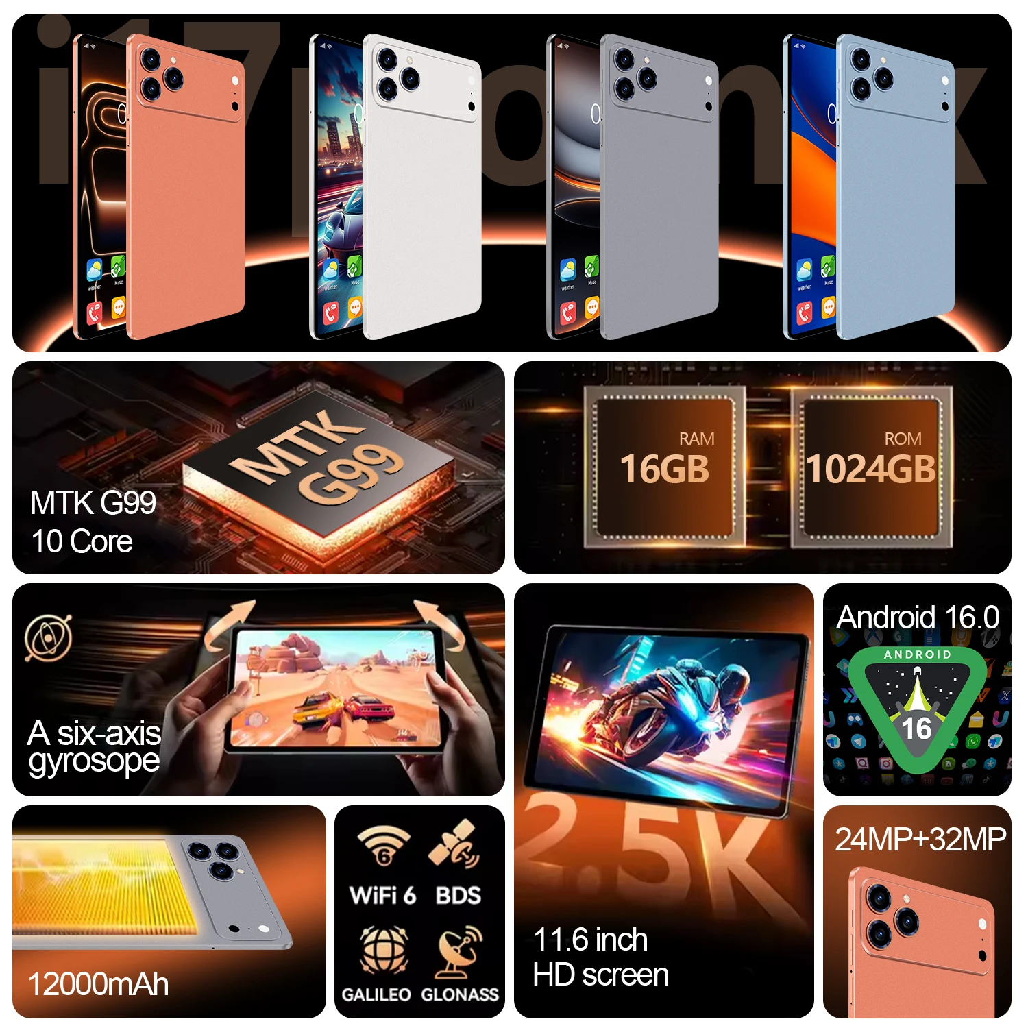 2026 Pad 17 Pro Max Tablet 11.6 Inch 16GB+1TB 20000mAh Battery