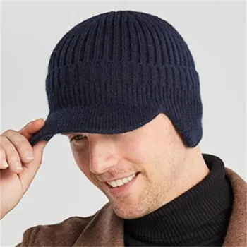 Men Winter Knitted Hat Outdoor Cycling Windproof Ear Protection Warmth Peaked Cap Casual Fashion Basic Solid Baggy Stretchy Hat