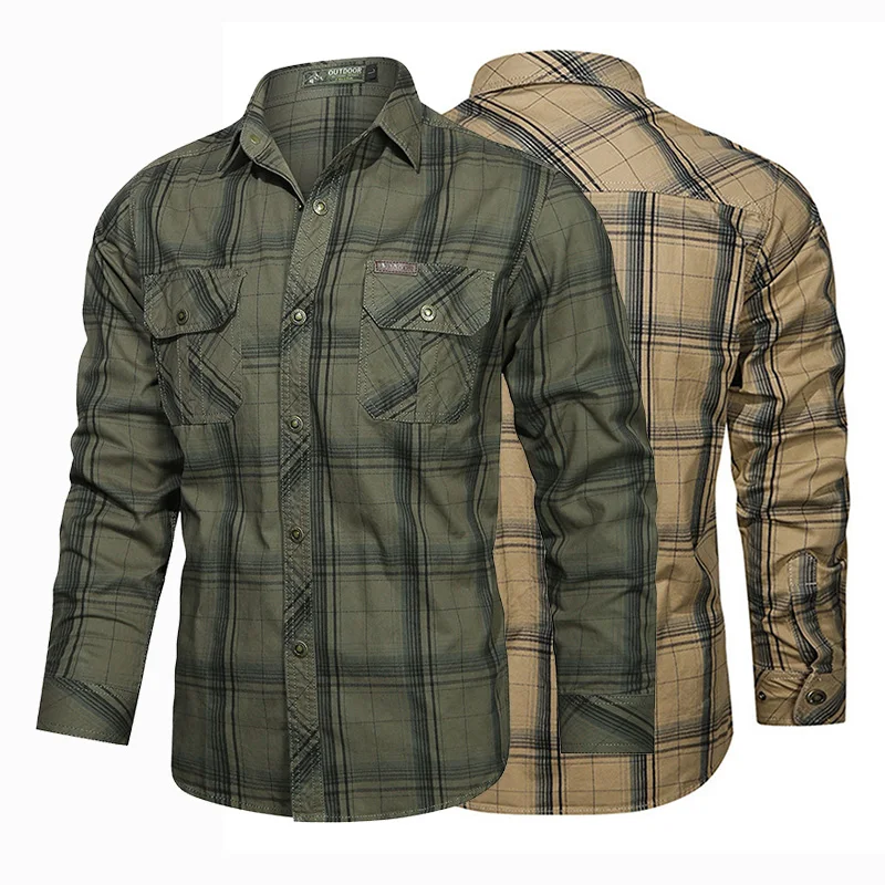 Mens long sleeve shirts Men's Autumn Plaid Striped Long-sleeved Shirts Casual Button Down Quick Dry Cargo Outdoor Hiking Safari Work Shirts