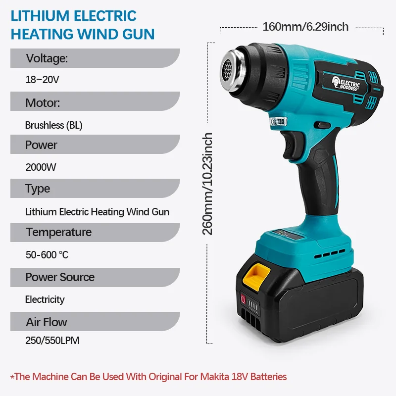 Cordless Heat Gun hot air gun heat gun mini hot air gun 2000W 600&deg;C Multifunctional Handheld Heating gun wireless Power Tools For Makita 18V Battery
