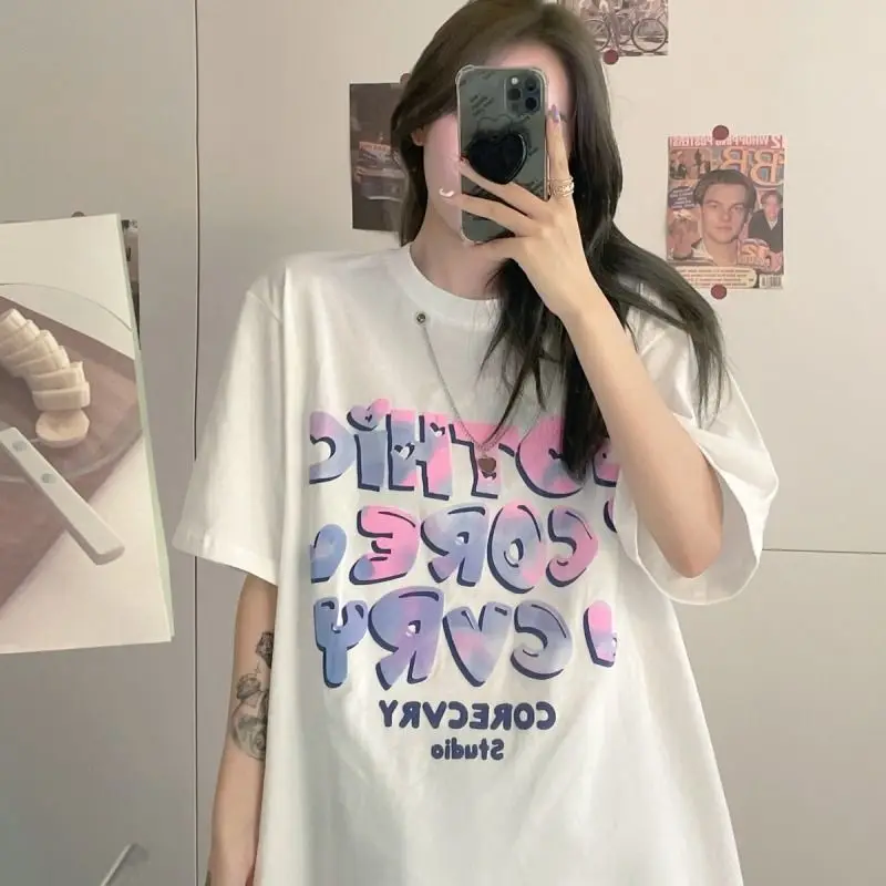 

Y2k Women's Wide Short Sleeve Clothing Street Style Solid Color Necklace Letter Print Hip-hop Harajuku Casual Top Female T-shirt
