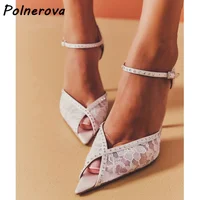 Sandales en dentelle strass Slingback blanc noir Peep bout pointu bande de cheville chaussures pour femmes élégantes été solide chaussures de fête 2025 2