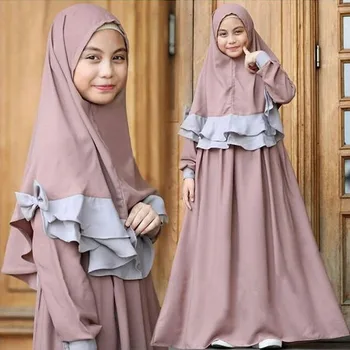 Muslim Kids Hijab Dress Abaya 2Pcs Set Islamic Children Eid Ramadan Prayer Burka Arab Girls Khimar Headscarf Niqab Robe Clothing
