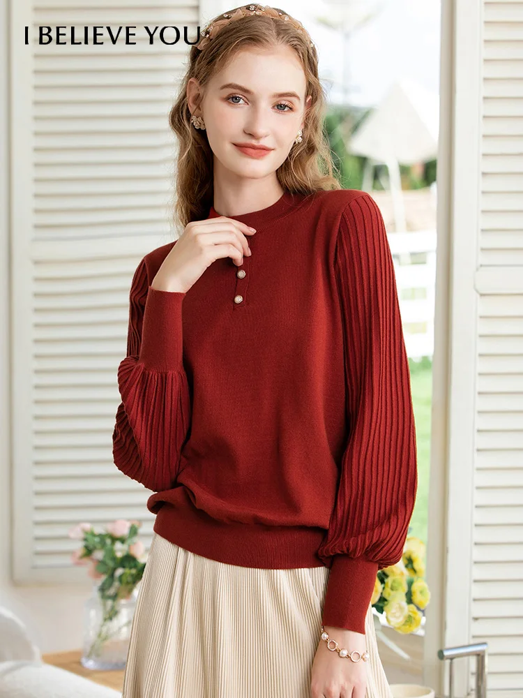 

I BELIEVE YOU Pullover Sweater Women 2022 Autumn Chic Half High Collar Lantern Sleeve Knitted Tops Female Clothing 2224144550