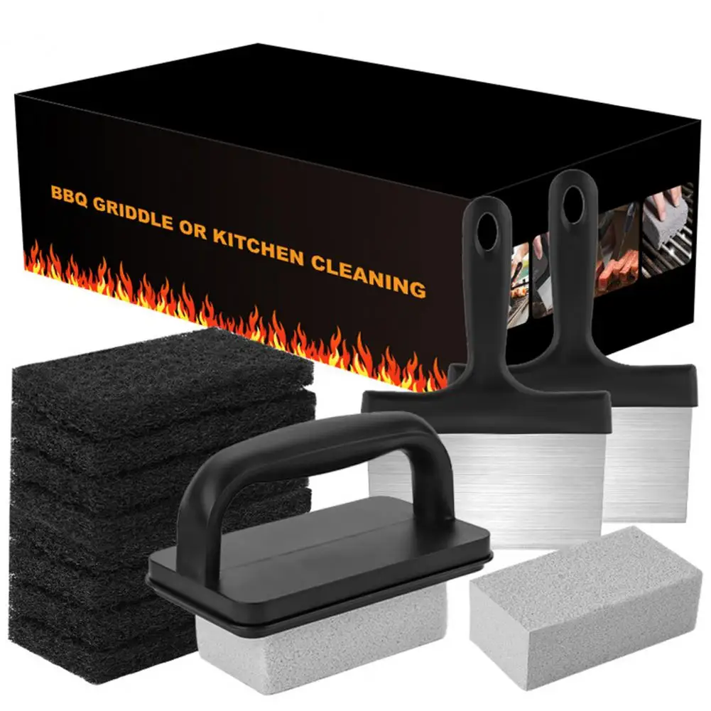 Griddle Scouring Pad Multifunctional Bbq Griddle Tool Kit with Handle Scraper Scouring Pad Pumice Stone Brush for Barbecue Flat