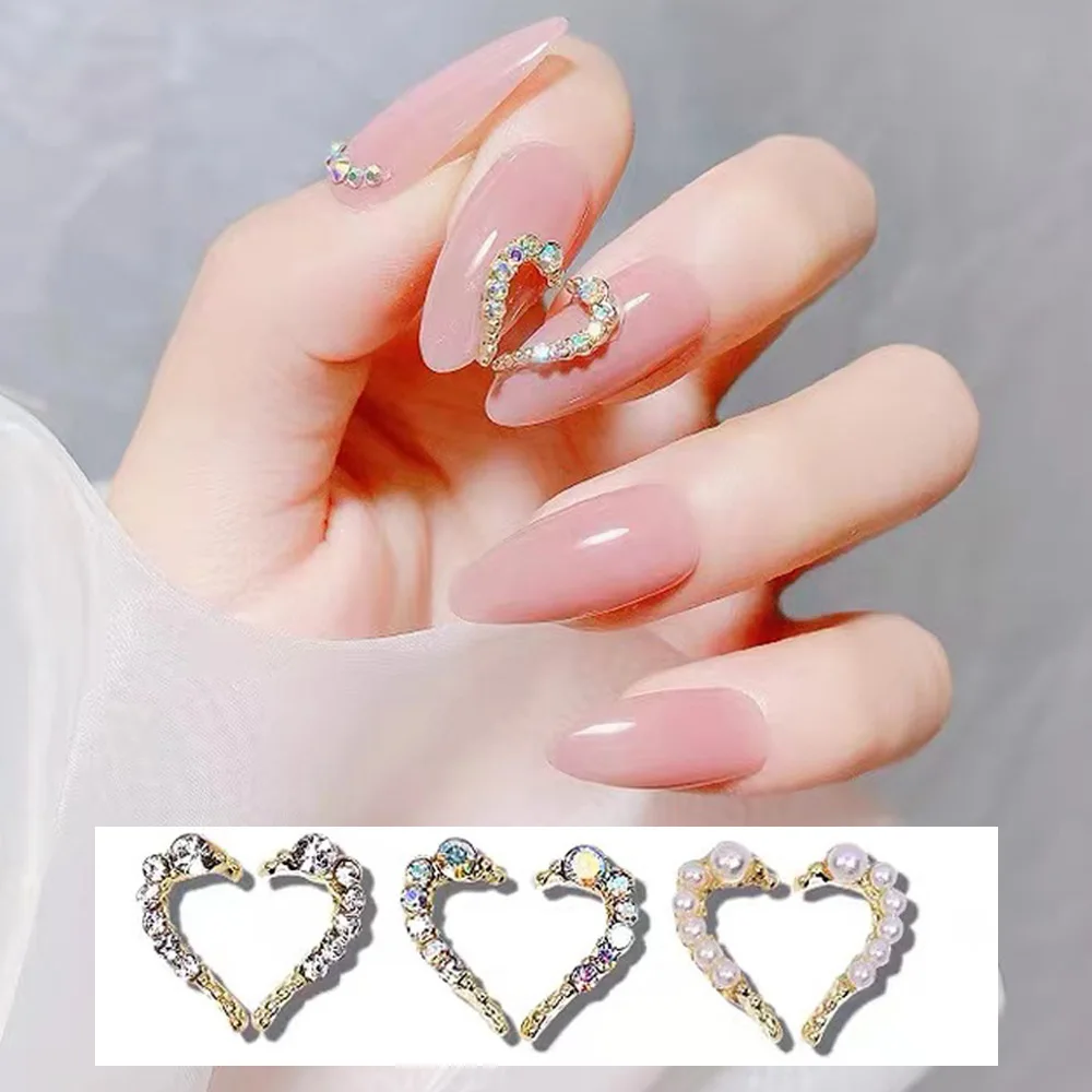 10Pcs(5pairs) Left-Right Heart Nail Art Charms Alloy Jewelry Nail Strass Diamond 12X7mm 3D Nail Art Decor Rhinestone Accessories