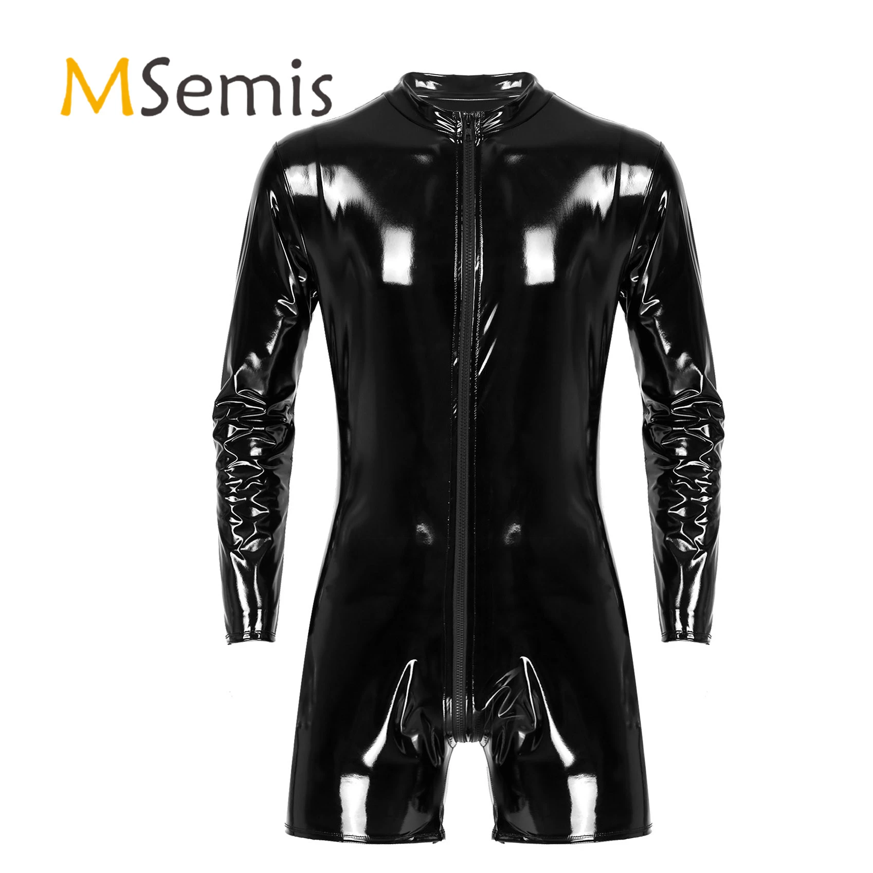 Black Zipper Crotch Bodysuit for Mens Lingerie Wet Look Patent Leather Romper Clubwear Long