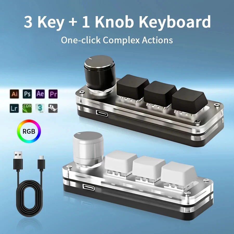 미니 매크로 기계식 키보드 3키 1노브 USB RGB 게이밍 커스텀 프로그래밍 노브 휴대용 커스텀 3키 스위치 (포토샵용)