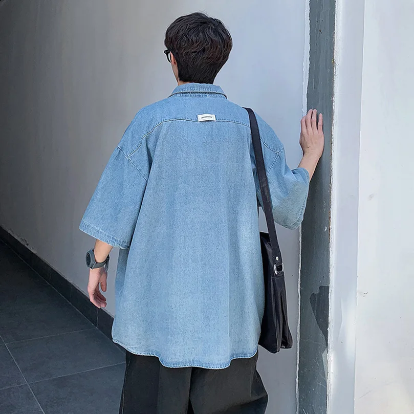 Summer Denim Shirt Men Short Sleeve Cargo Shirt Coat Loose University Handsome Top Clothes Cowboy Oversize denim shirt