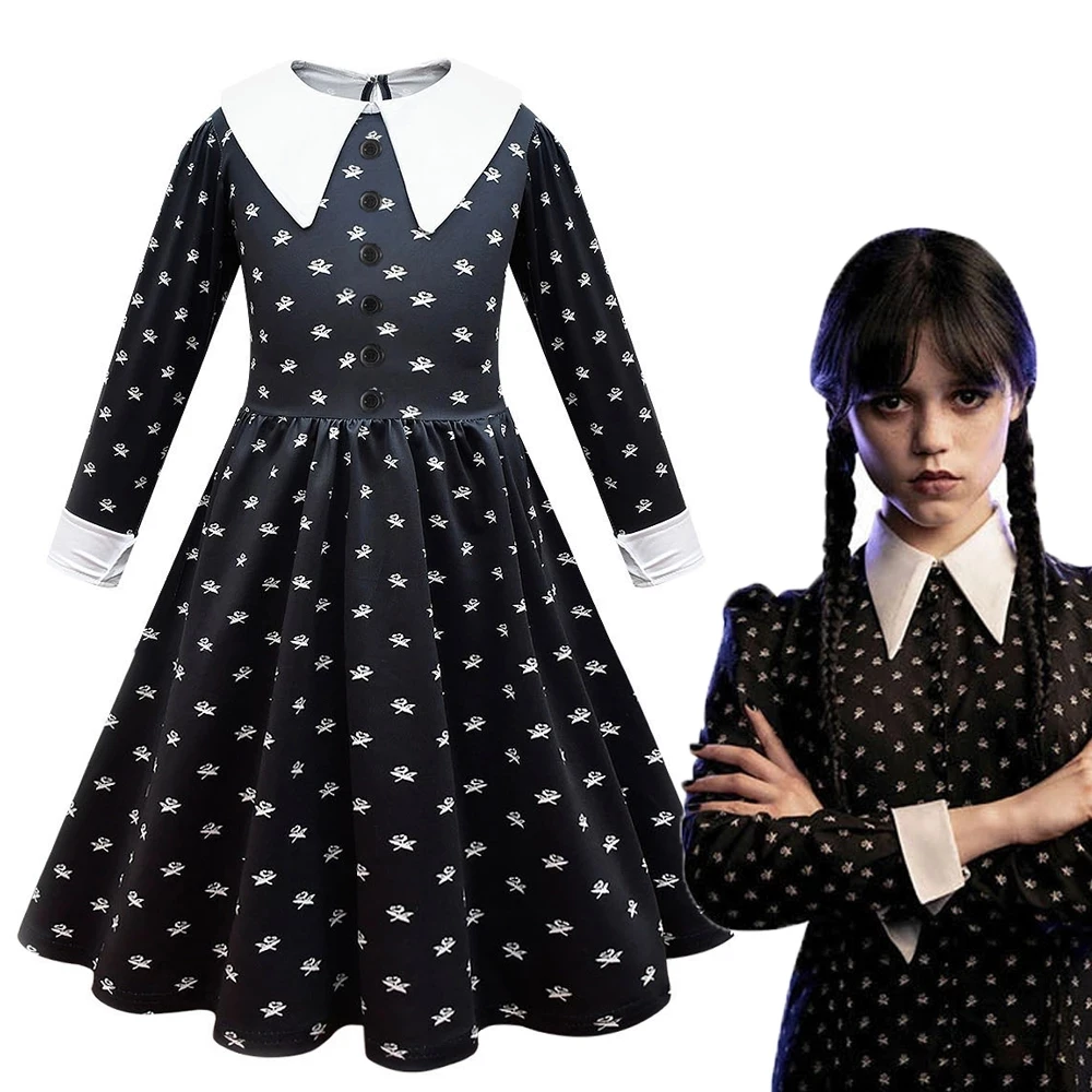 Kids Wednesday Addams Family Costume Cosplay Addams Printing Dress Wig Girls Vintage Gothic Outfits Halloween Role Play Abbigliamento