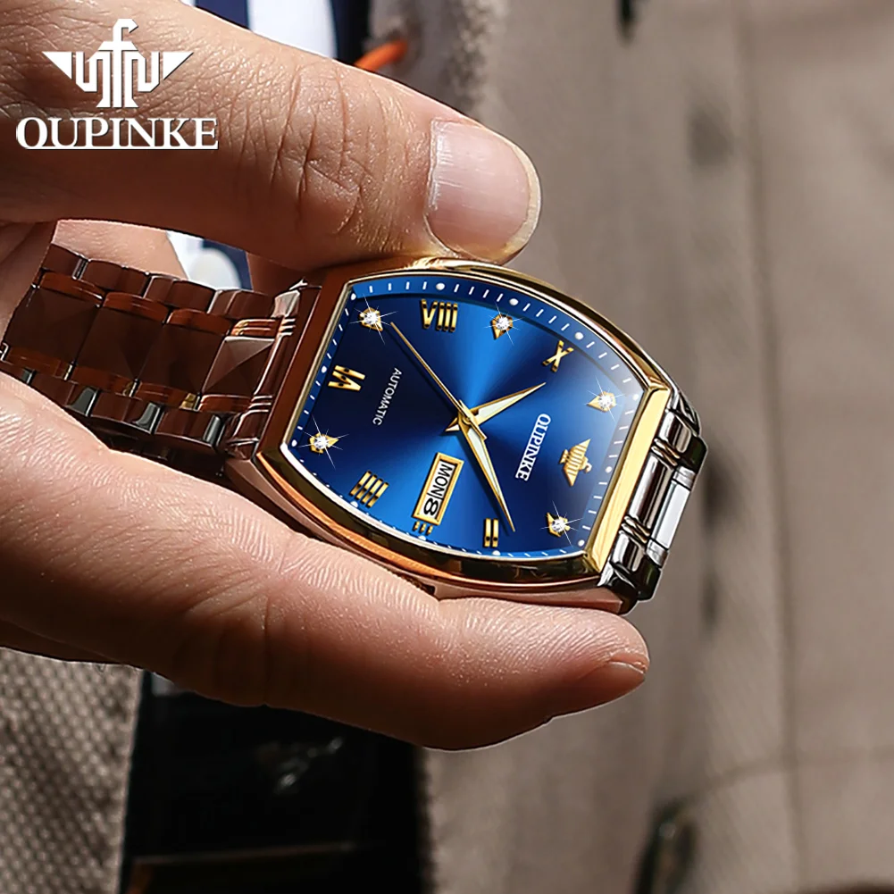 OUPINKE 3200 Automatic Men Watch Tonneau Roman Scale Dual Calendar Mechanical Watch For Men Waterproof Luxury Dress Wristwatches