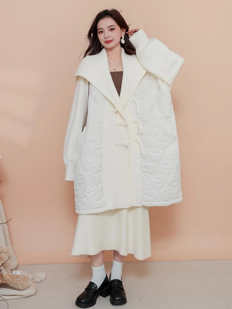 Oversized Lapel Knitted Stitching Cotton-Padded Cardigan Women Winter New Sailor Collar Solid Color Casual Loose Mid-Length Coat