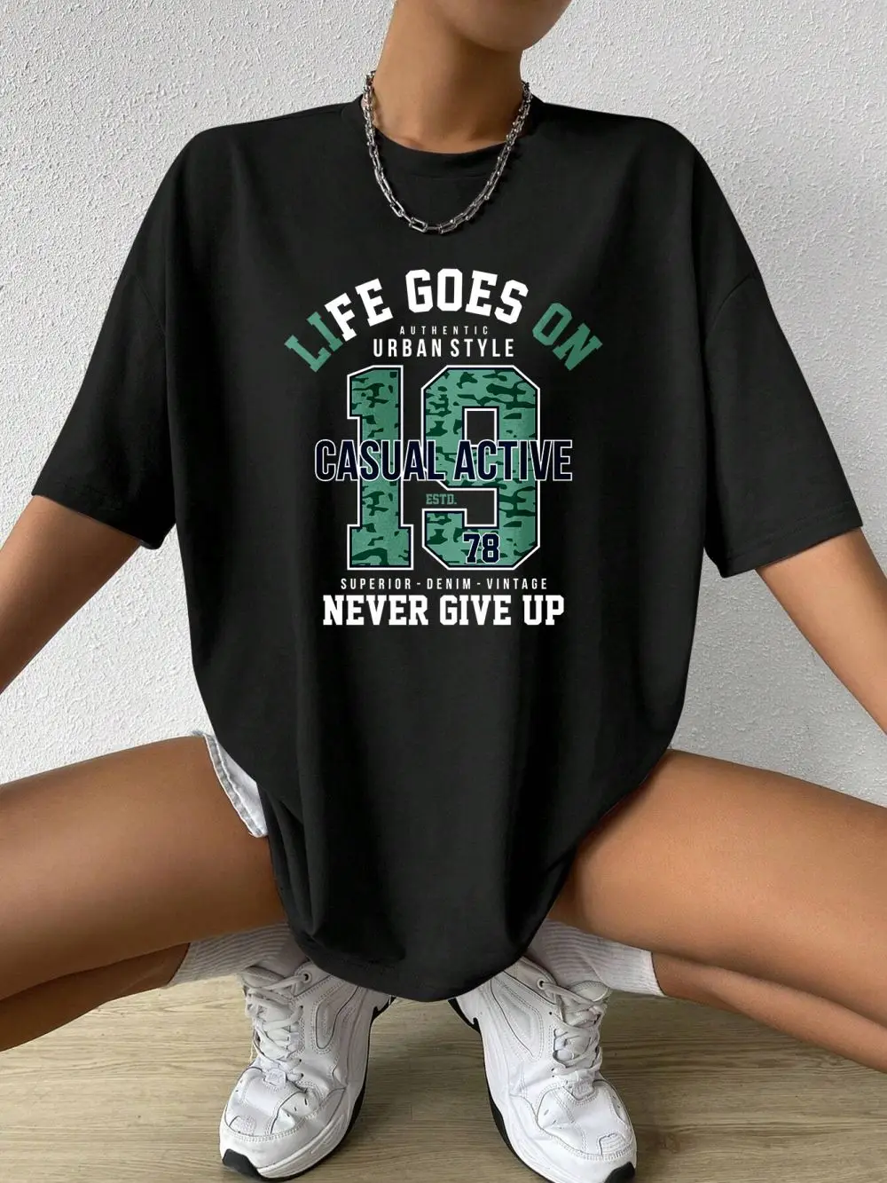 

Life Goes On Urban Style 1987 Never Give Up Printing Woman T-Shirts Cotton Soft Clothes Loose O-Neck Casual Summer Female Tees