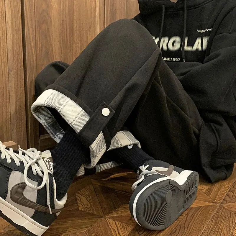 Men's Clothing 2023 Autumn and Winter New Fashion Drawstring Splice Button Solid Color Versatile Oversize Casual Wide Leg Pants