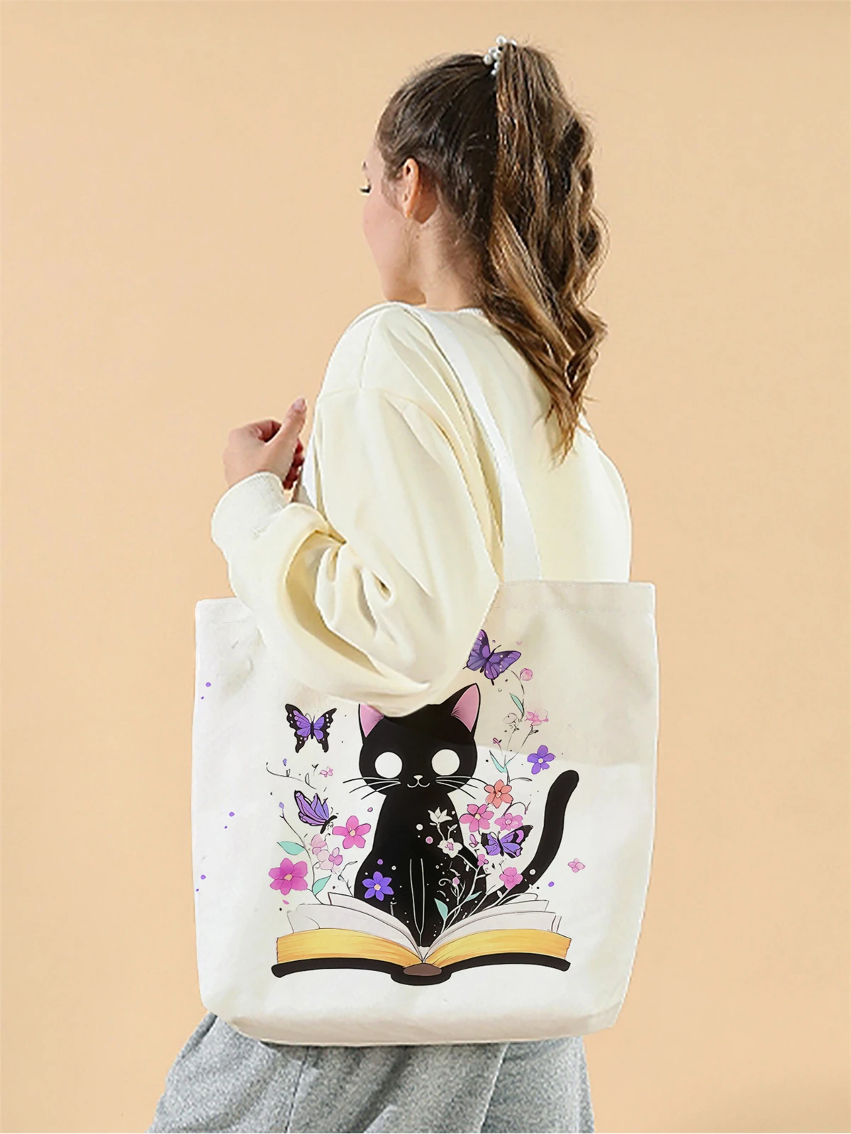 1pc,flower cat handbag, reusable fashionable handbag, multifunctional handbag, printed canvas shopping bag