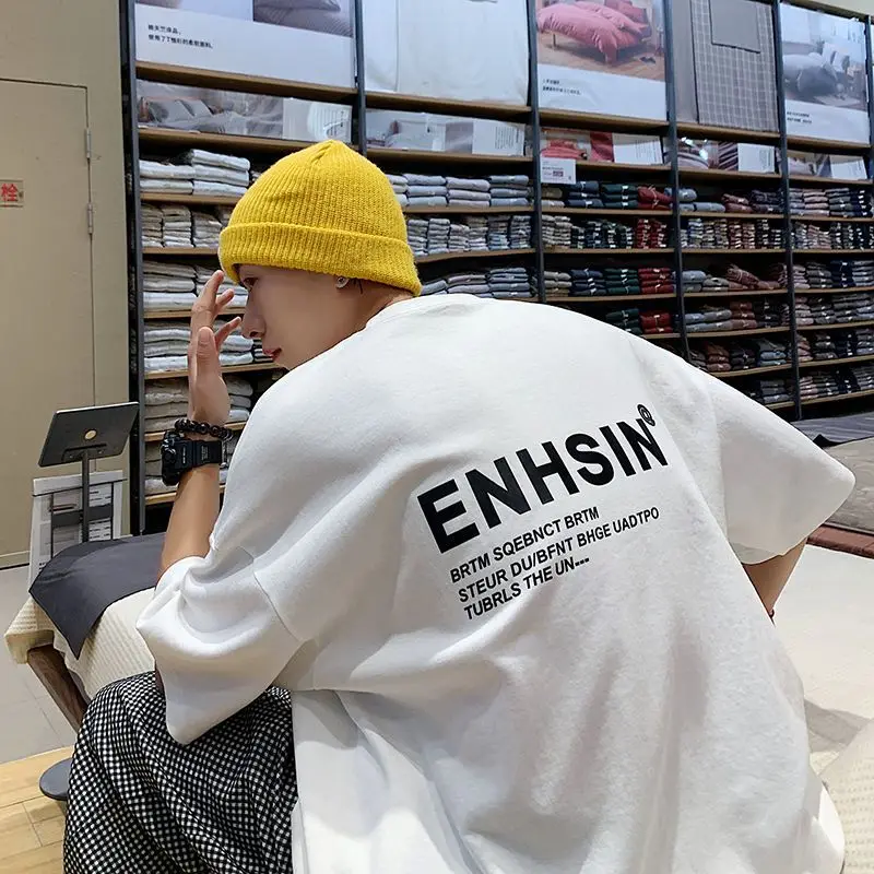 

Korean pure cotton short-sleeved T-shirt men's trendy half-sleeved clothes ins loose Hong Kong style versatile y2k tops high-end