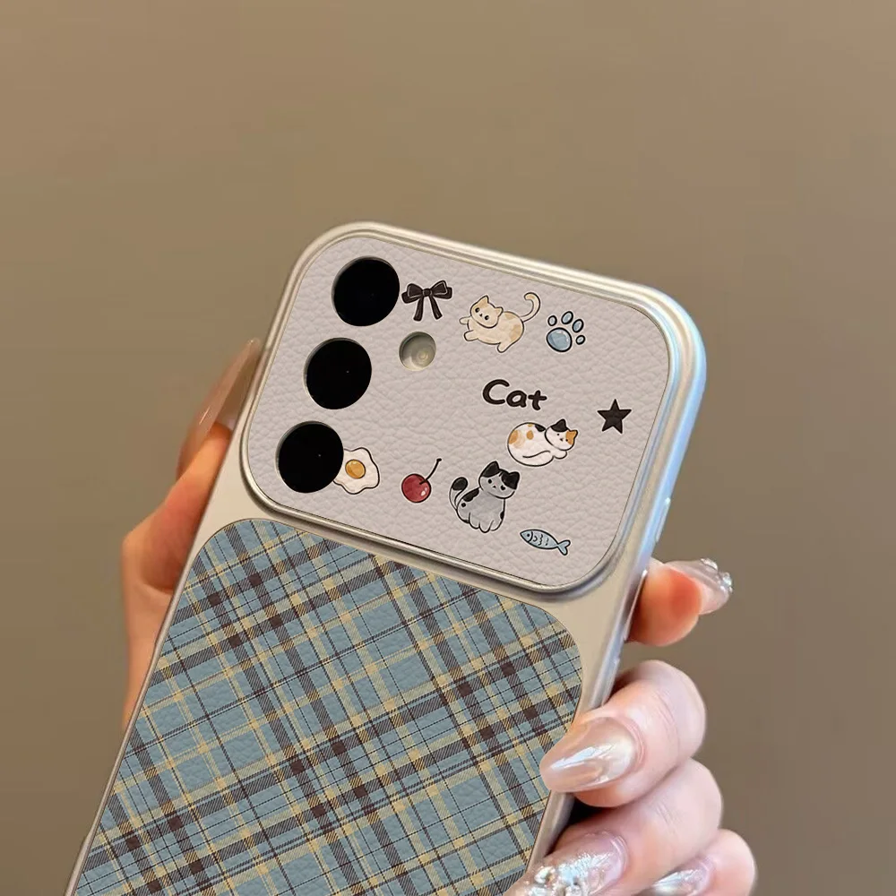 Cute Cat Soft Plaid Shockproof Phone Case - Blue & Yellow Preppy Style