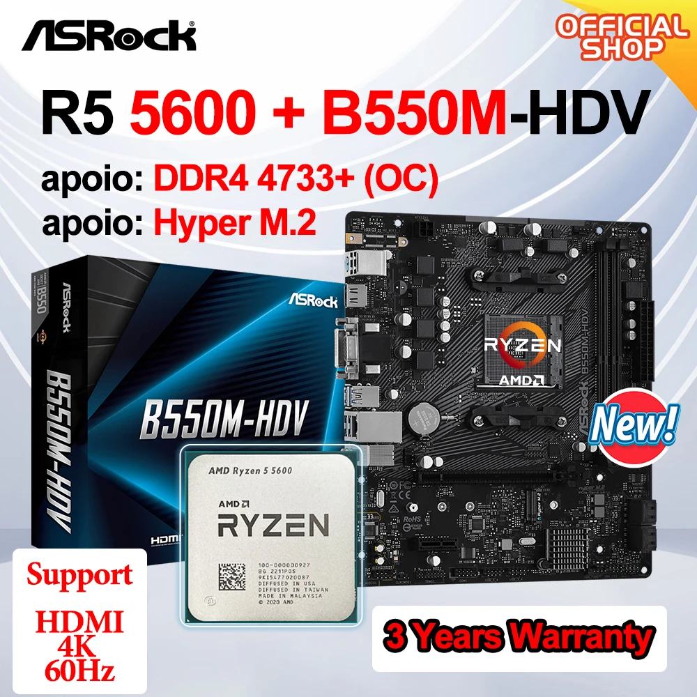 Nuovo Kit Amd Ryzen 5 5600 Processador Cpu + Asrock B550M-Hdv Scheda Madre Micro-Atx 64Gb Ddr4 Kit Schede Madri Placa Mae Am4 B550