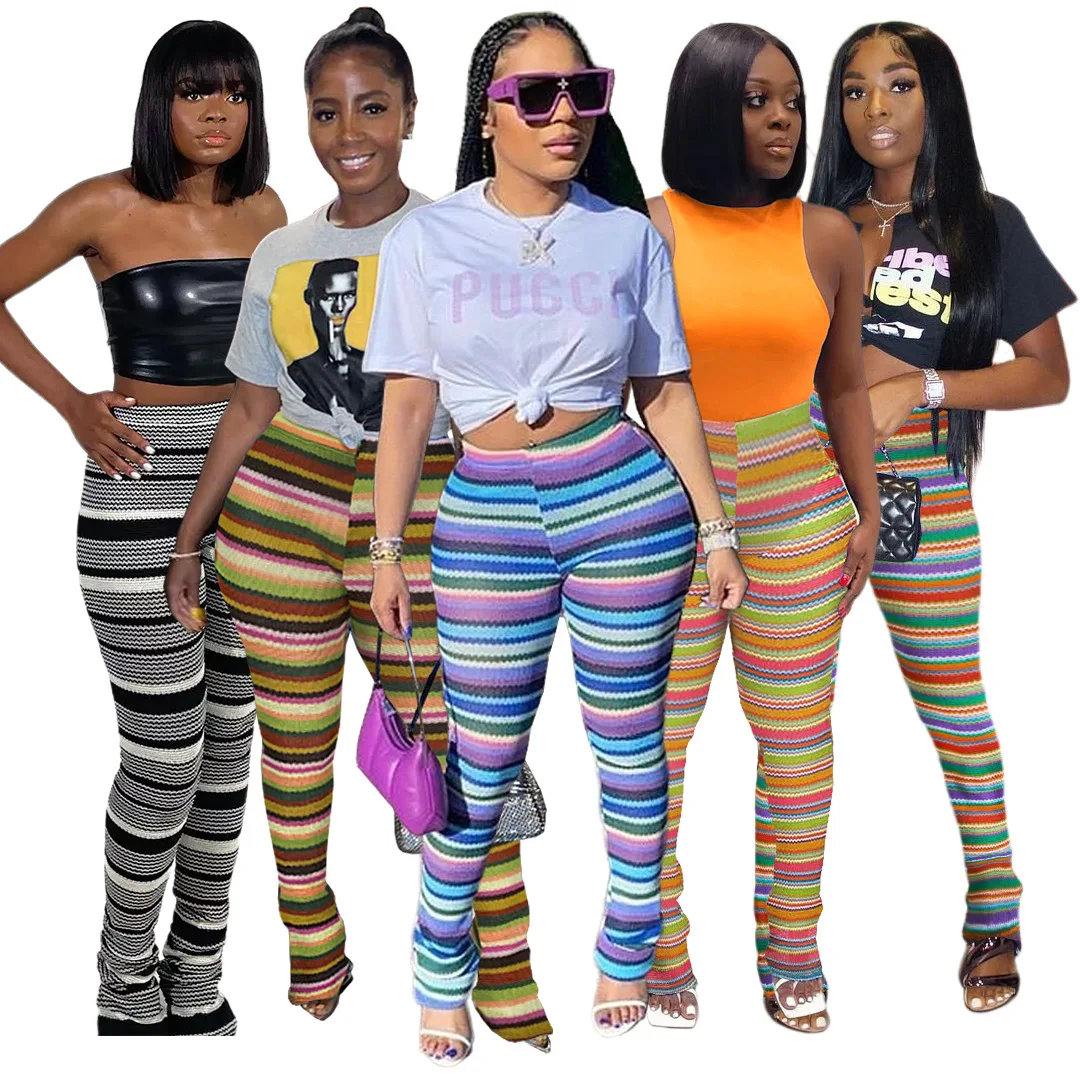 

Woman elastic Waist Pant Colorfull Stripes Printed Casual Fold Knitted trousers Fashion Pant S-2XL