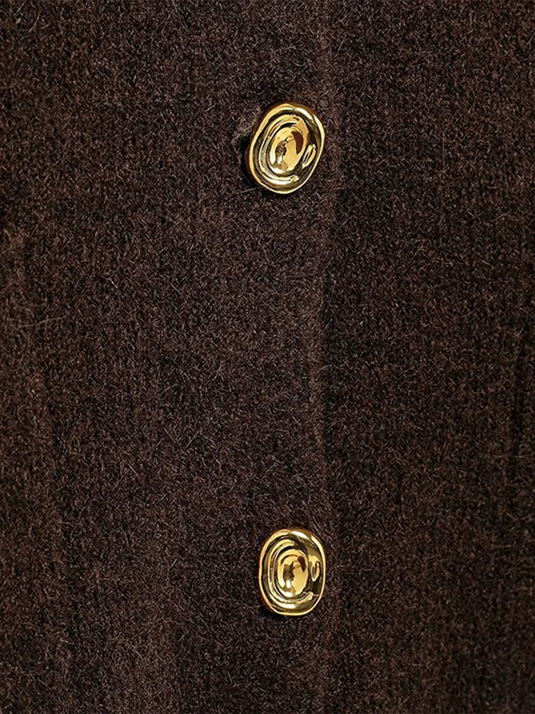 Elegant Brown Skirt Suits Knitted O-Neck Long Sleeve Metal Button Cardigan High Waist A-line Mini Skirts 2025 Spring Lady Outfit