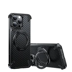 Oatsbasf Magnetic Phone Case with Rotatable Ring Kickstand and Carbon Fiber Texture for iPhone 16 Pro Max (Black)