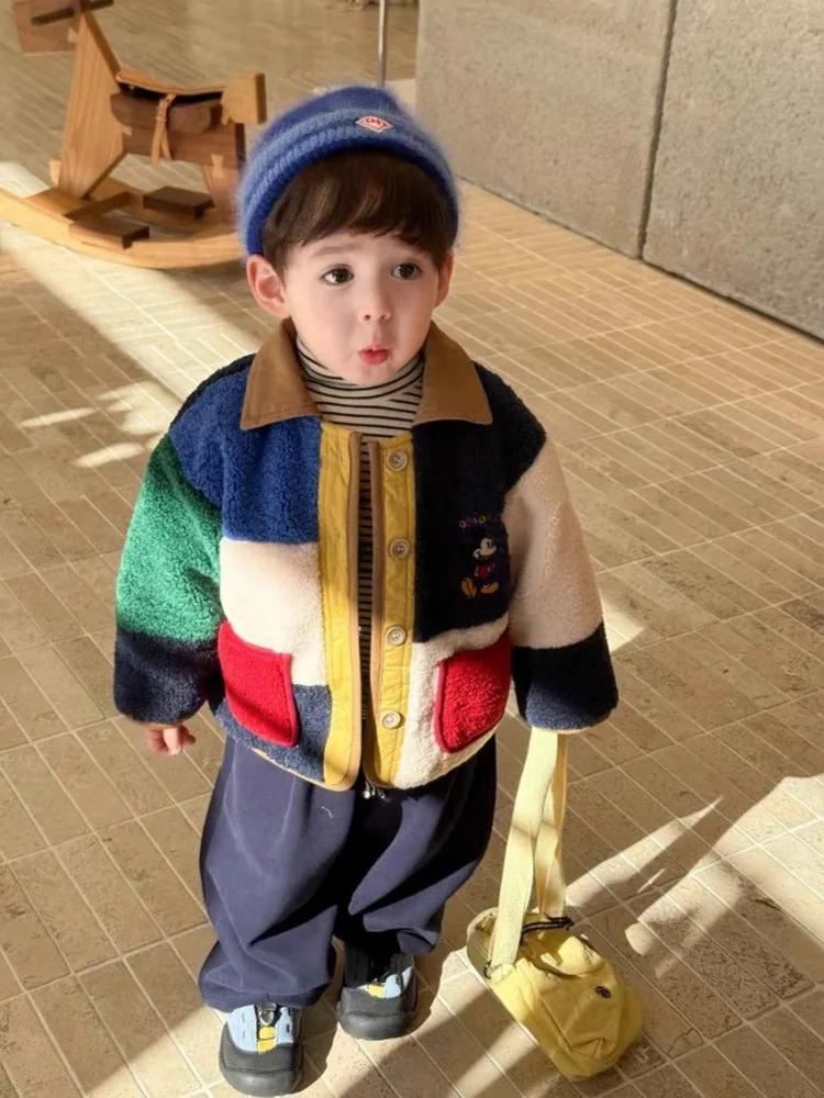 소년용 플리스 재킷 따뜻한 칼라 자수 코튼 패딩 코트 아동용 겨울옷 트렌디한 컬러 블록 디자인  남아 아우터웨어