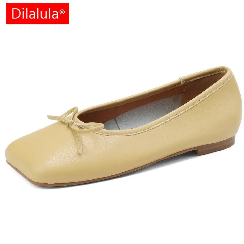 

Dilalula New Arrival Women Flats Sweet Butterfly Knot Square Toe Genuine Leather Casual Office Ladies Shoes Woman Spring Autumn