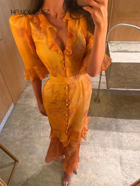 Robe décontractée imprimée pour femme, coupe ajustée, manches mi-longues, col en V, taille cintrée, avec volants, collection Printemps-Été 2026 1