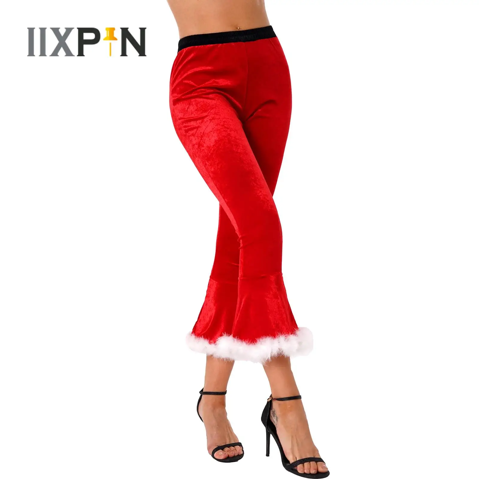 

Women Christmas Costume Red Velvet Faux Fur Adorned Flared Pants Bell Bottoms Trousers For Christmas Cosplay Party Dress Up