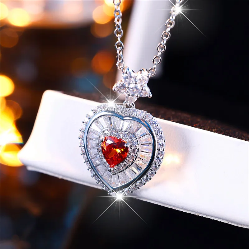 Fashion Female Red Heart Flower Pendant Necklace Cute Silver Color Wedding Jewelry Gift For Women
