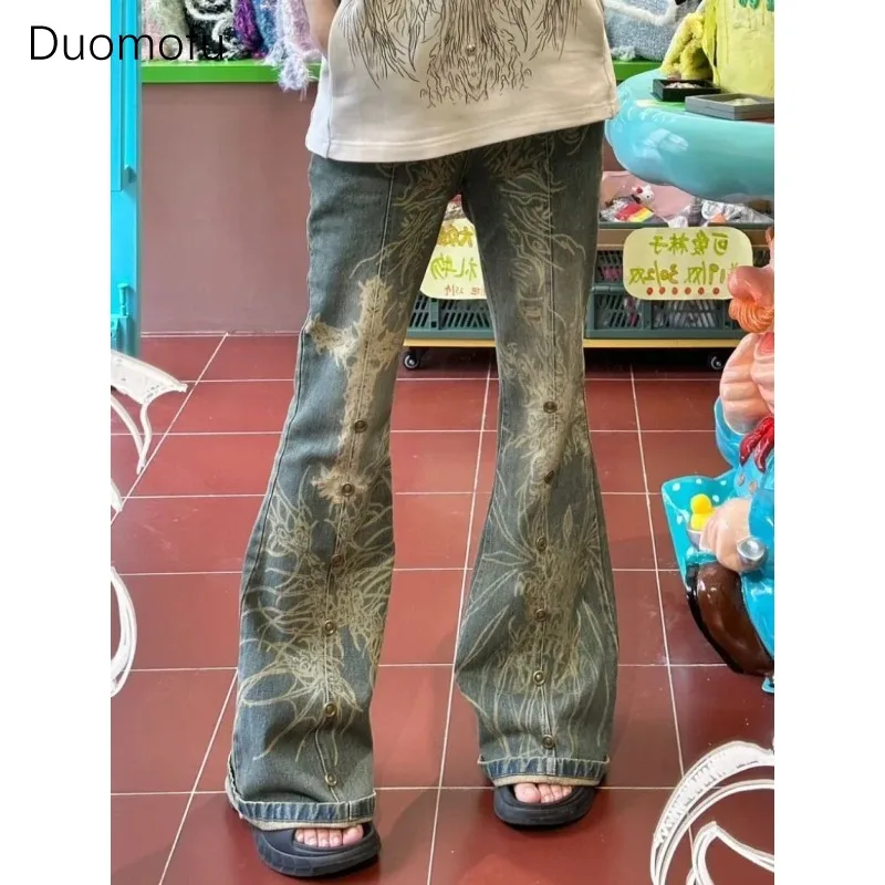 Duomofu American Wash Old Big Print Micro Flare Jeans Donna Retro Spice Beaded Slim Pantaloni Dritti Pantaloni Casual A Vita Alta