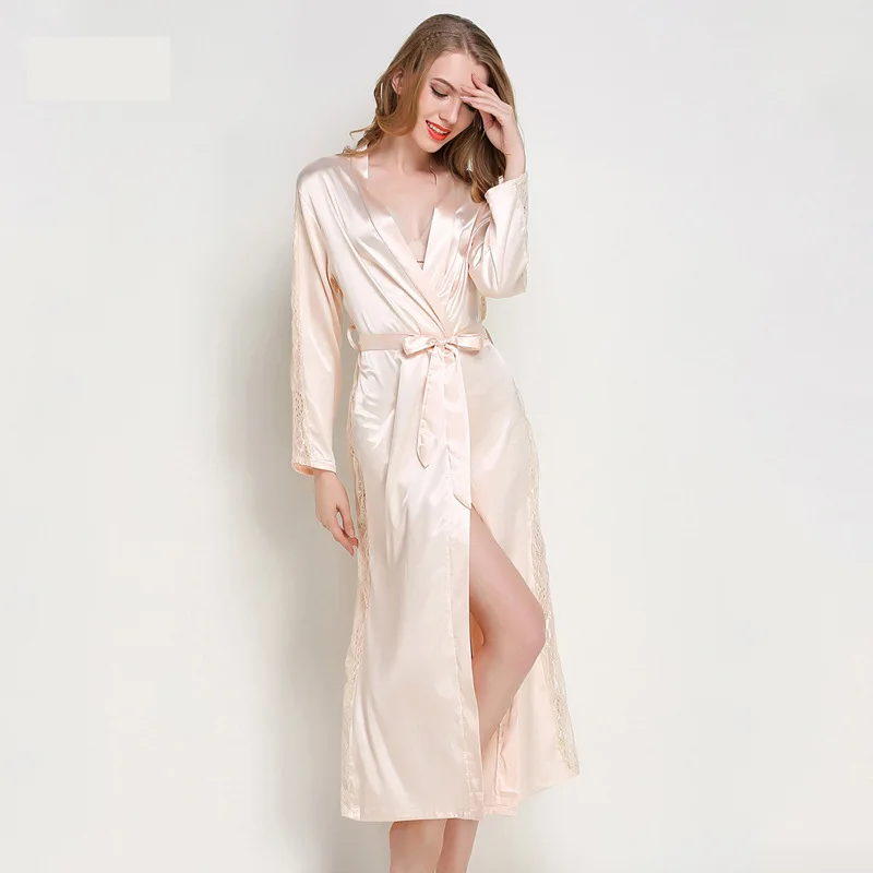 Solid Color Nightgown Long Sleeve Cardigan Lace up Sleepwear Imitation Silk Pajamas Thin Simple Bathrobe Women's Home Clothing