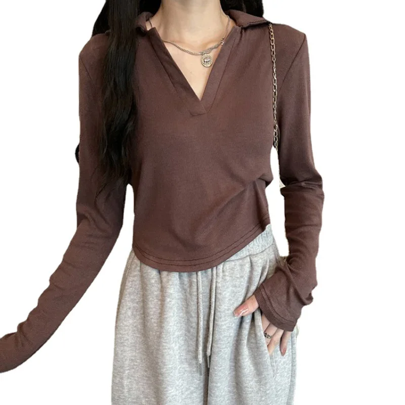 

Base Coat Long Sleeved T-shirt Women Lapel Autumn Winter Base Coat Ins Slim Casual Base Coat Polo Collar T-shirt Short Top