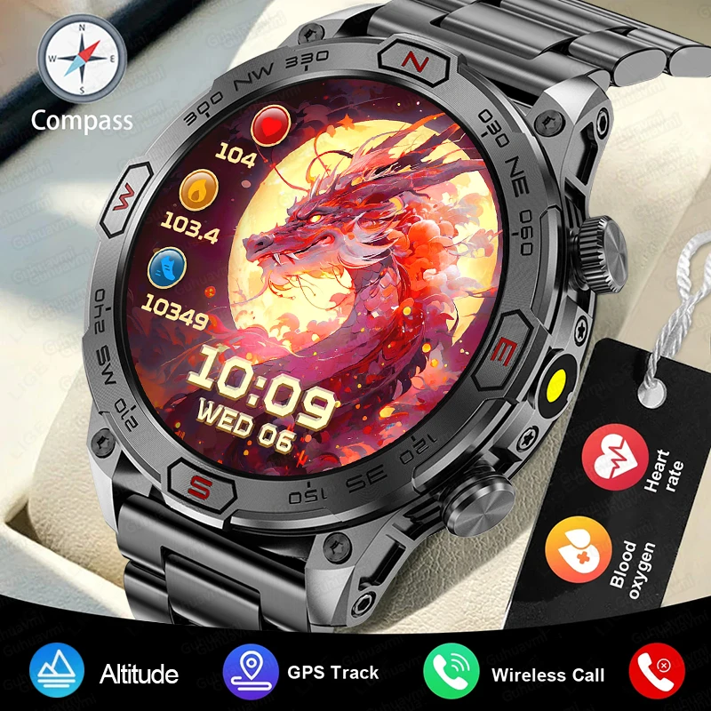 New Outdoor Military Smart Watch Men Compass AI voice Bluetooth Call Fitness GPS Sports Track Smartwatch For Android Xiaomi  IOS