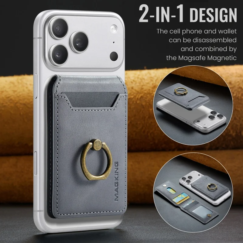 Magnetic Leather Wallet Card Holder with Ring Grip