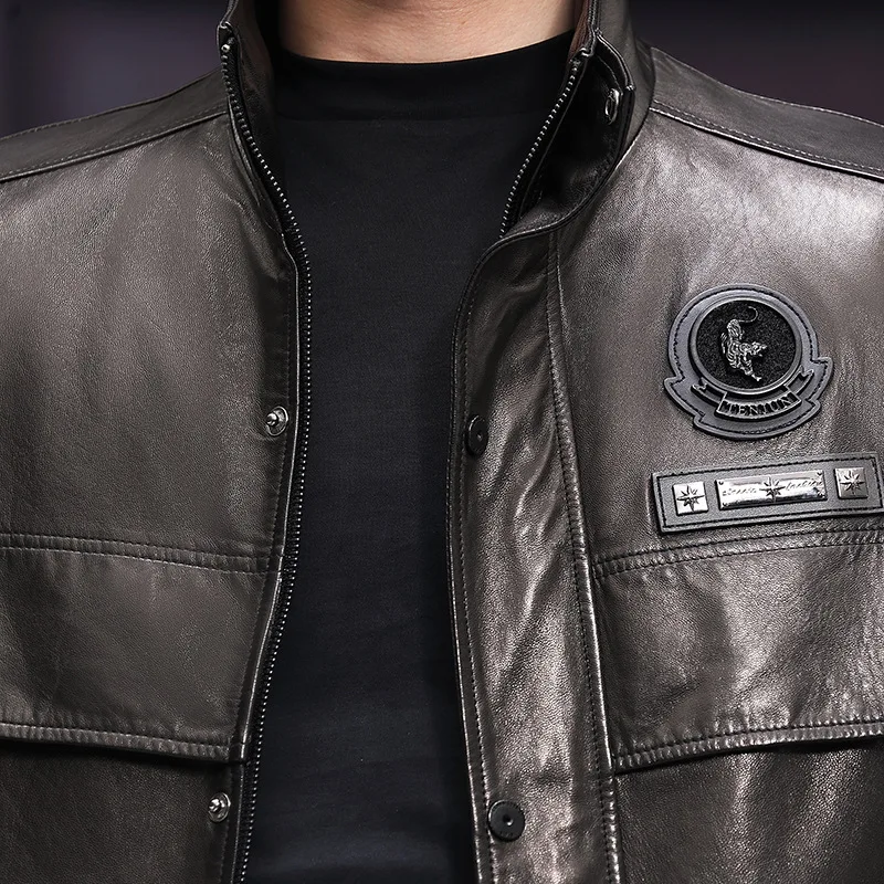 Genuine Leather Jacket Motorcycle Men Real Sheepskin Coat Bomber Stand Collar Short Outerwear High Quality Brand Coat New