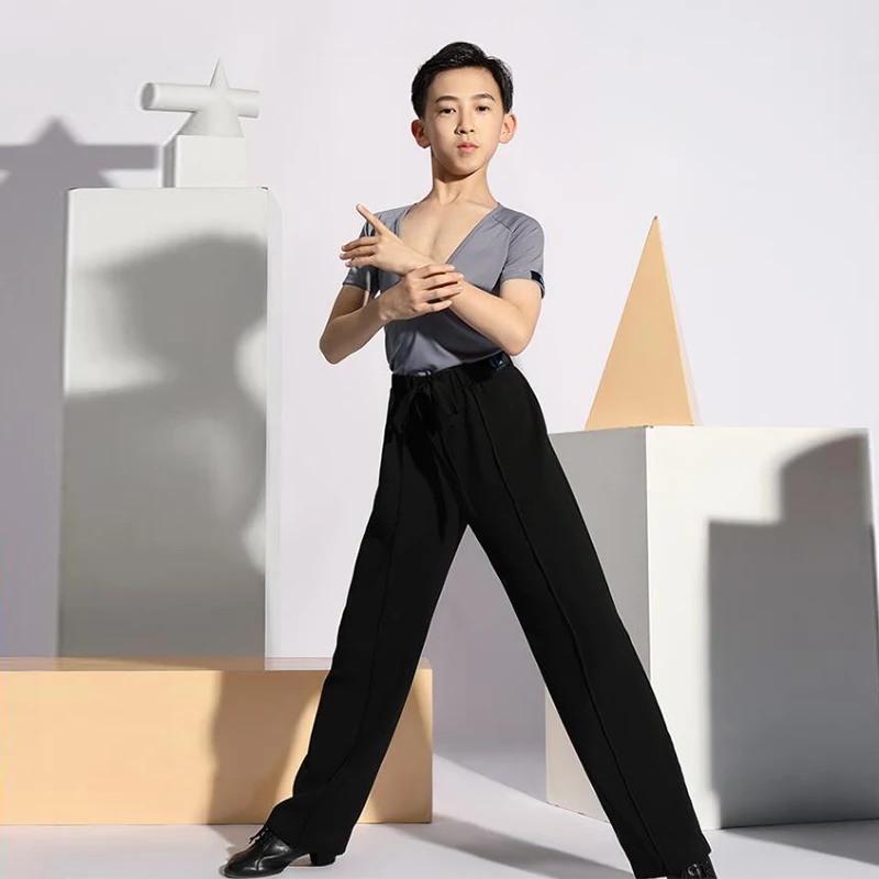Boys Latin Dance Tops Children Sexy V-Neck Shirts Kids Rumba Ballroom Tango Practice Competition Stage Performance Costumes
